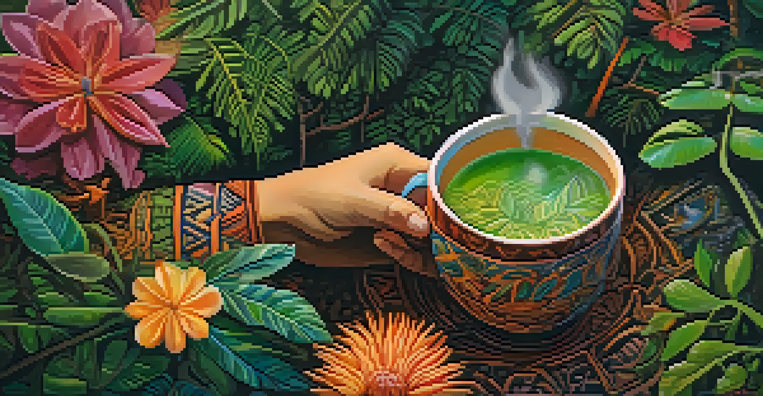 A close-up of a hand holding a ceremonial cup of Ayahuasca brew, surrounded by natural elements such as leaves and flowers.