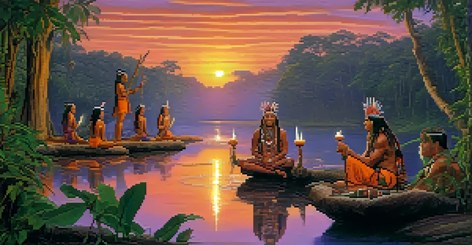 An indigenous shaman conducting an ayahuasca ceremony at sunset in the Amazon rainforest, surrounded by nature.