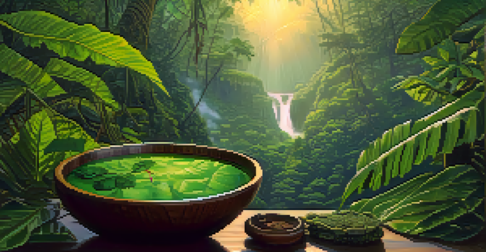 A tranquil Amazon rainforest at dawn with mist and sunlight. A wooden bowl of Ayahuasca brew is placed on a green leaf, surrounded by plant ingredients.