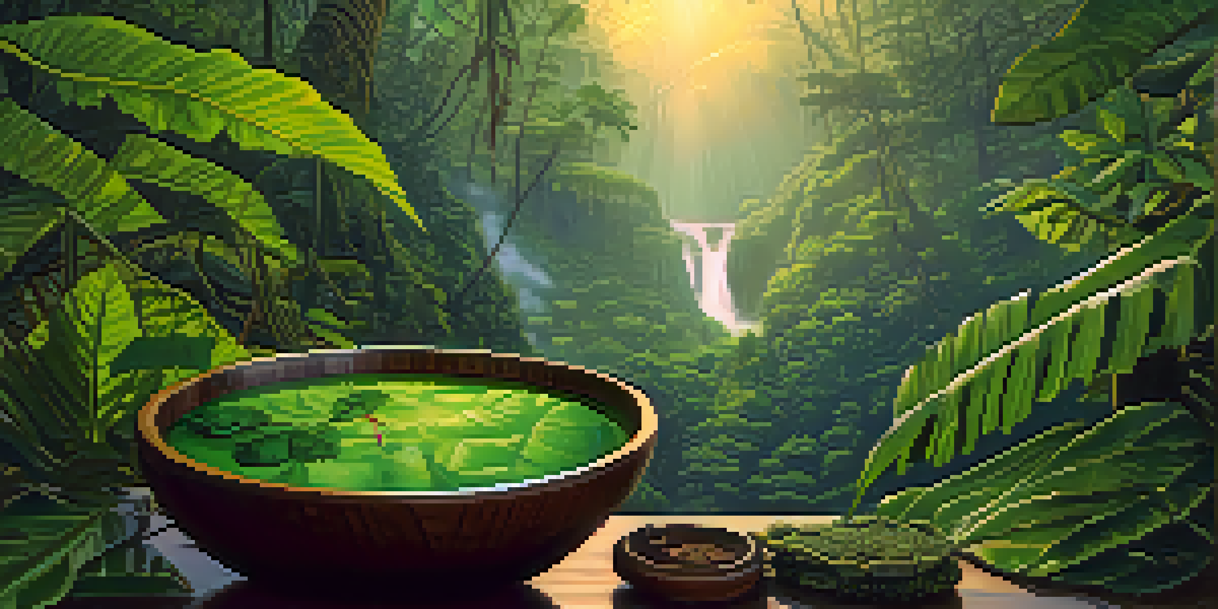 A tranquil Amazon rainforest at dawn with mist and sunlight. A wooden bowl of Ayahuasca brew is placed on a green leaf, surrounded by plant ingredients.