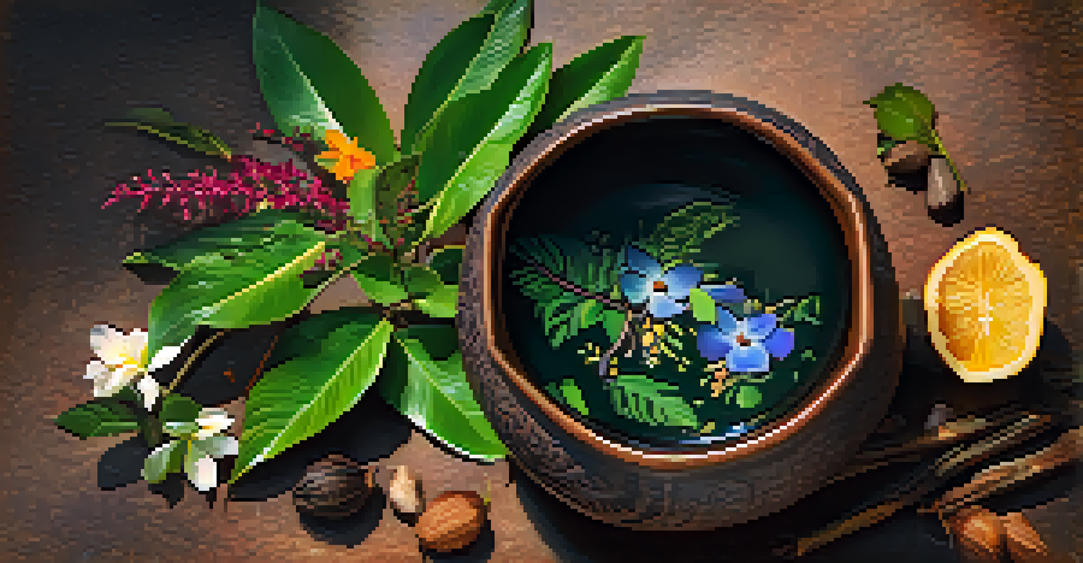 A close-up of a traditional Ayahuasca brew in a rustic bowl, surrounded by fresh leaves and flowers from the Amazon.