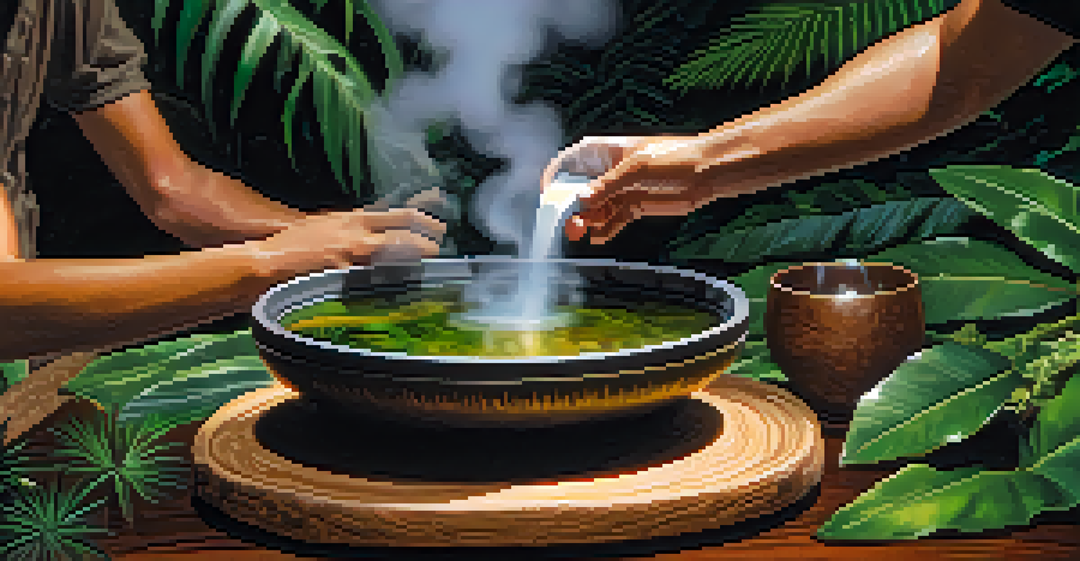 A close-up of a steaming bowl of Ayahuasca brew on a wooden table surrounded by tropical plants.