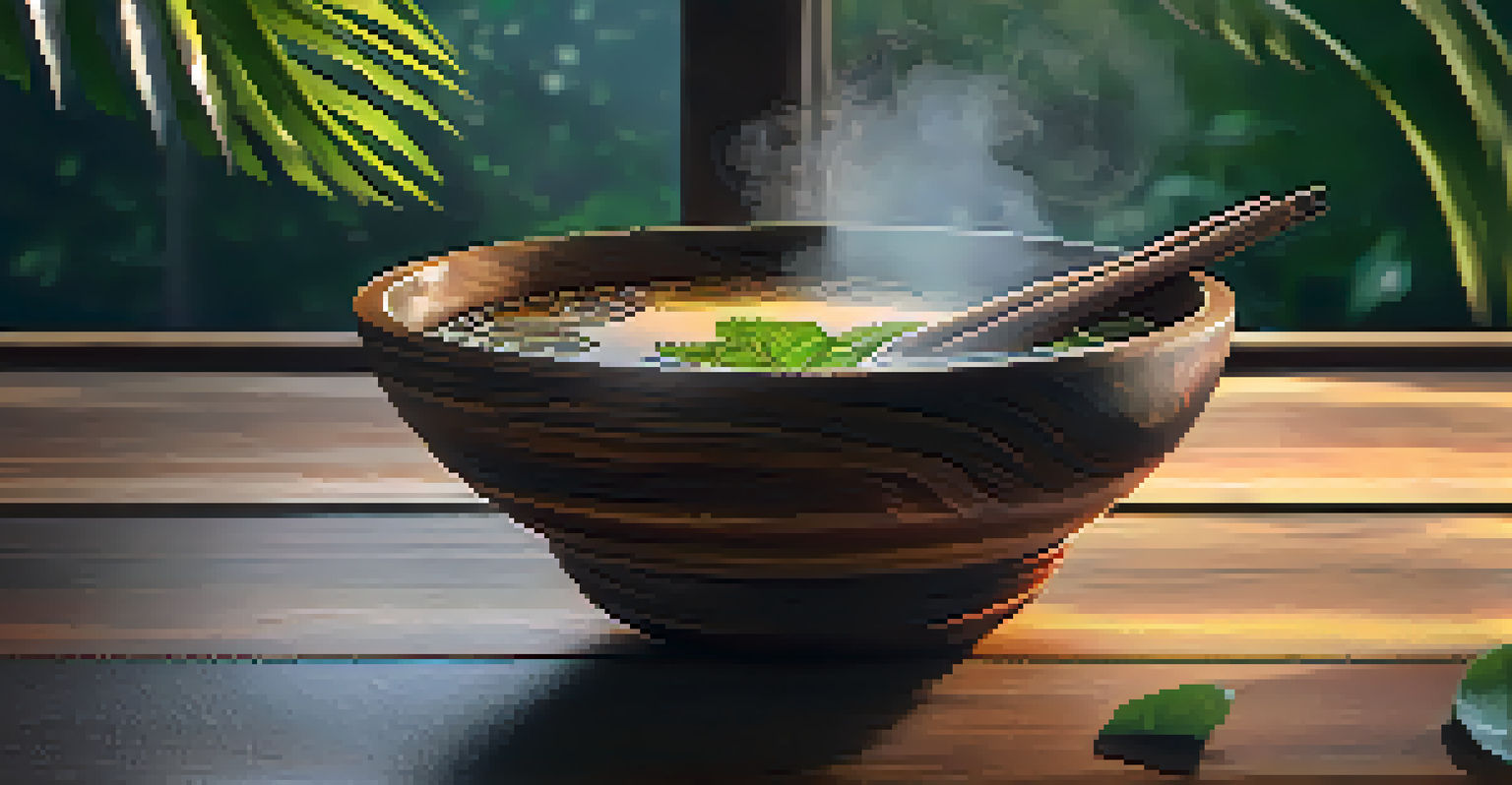 Close-up of Ayahuasca brew in a rustic wooden bowl, surrounded by Amazonian plants.