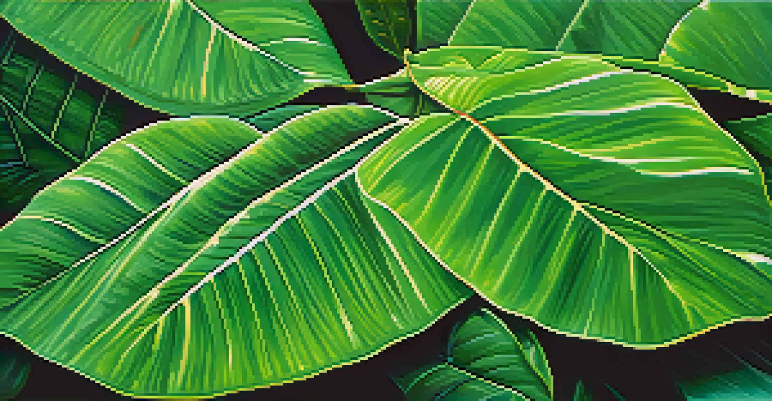 A close-up of fresh Chacruna leaves with morning dew, set against the Amazon rainforest, highlighting their vibrant green color and texture.