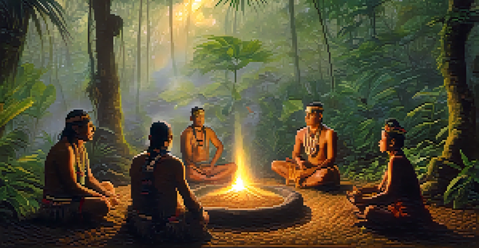 A tranquil rainforest setting with a shaman and participants meditating around a fire, illuminated by morning light.
