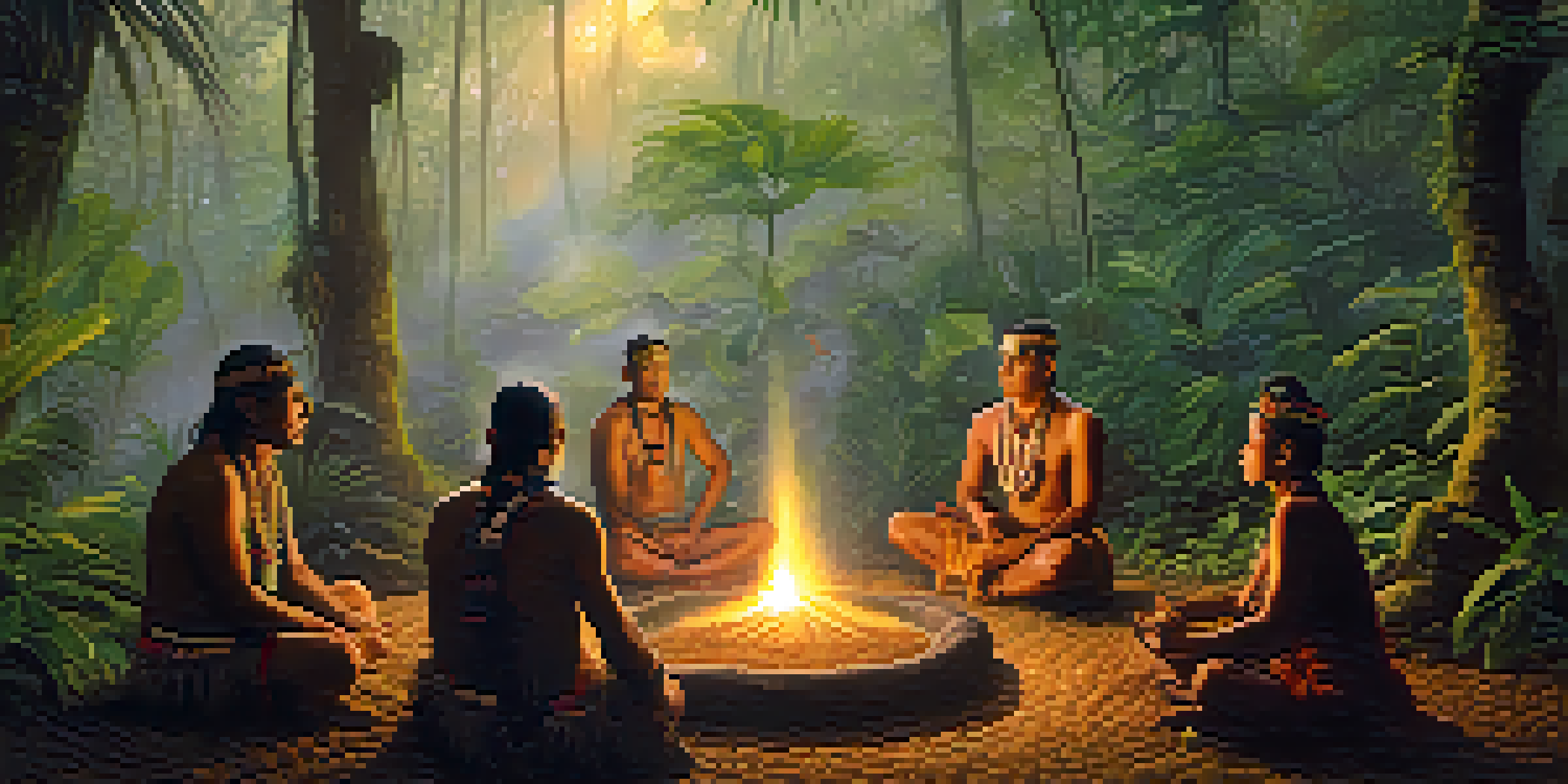 A tranquil rainforest setting with a shaman and participants meditating around a fire, illuminated by morning light.
