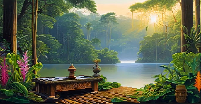 A peaceful Amazon rainforest at sunrise with a misty landscape, a tranquil river, and a wooden ceremonial altar adorned with colorful flowers and traditional artifacts.