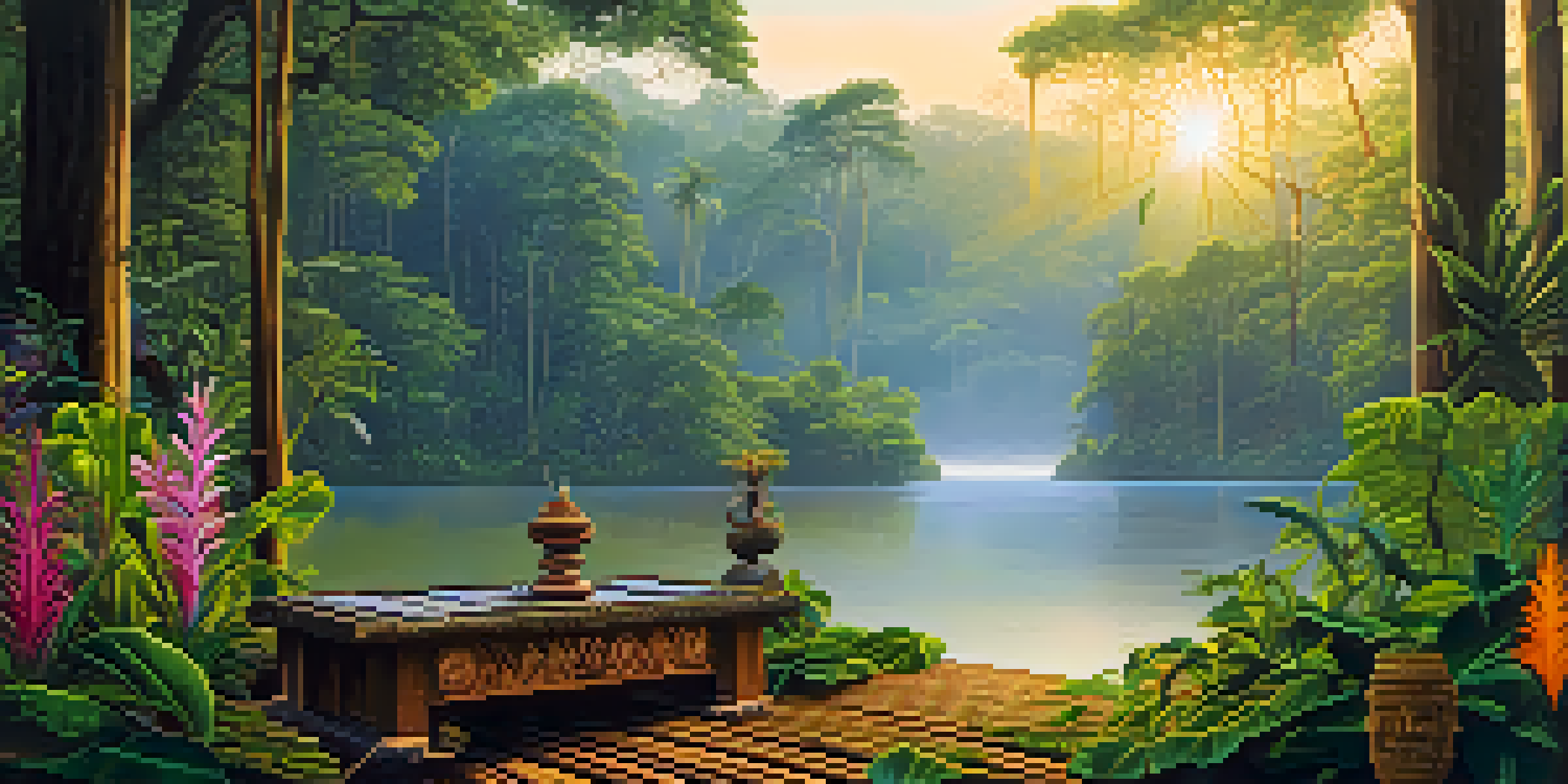 A peaceful Amazon rainforest at sunrise with a misty landscape, a tranquil river, and a wooden ceremonial altar adorned with colorful flowers and traditional artifacts.