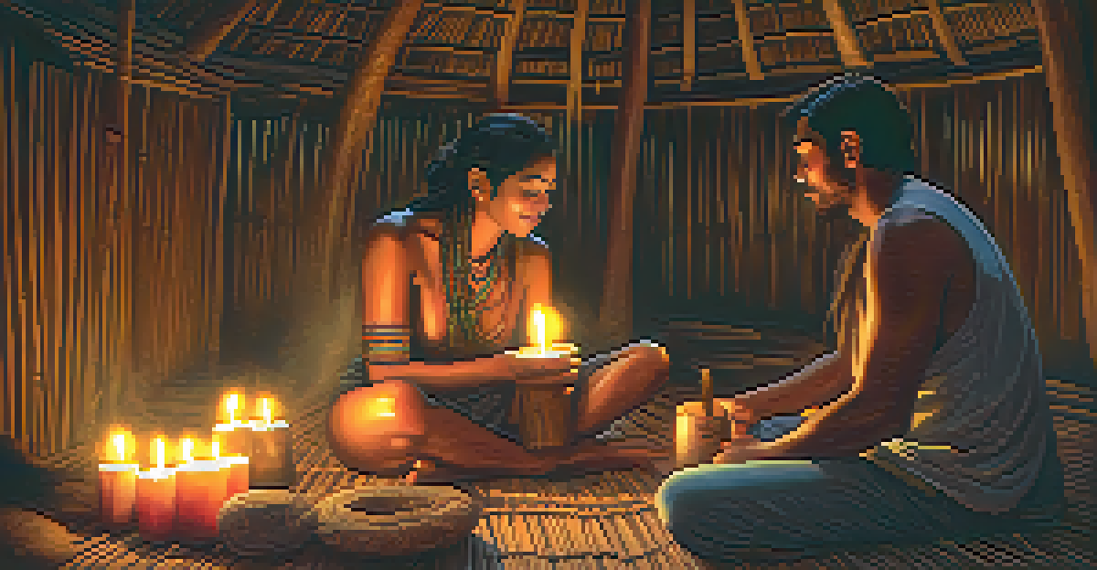 Two participants embracing during an Ayahuasca ceremony in a cozy wooden hut, with candles and traditional artifacts in the background.