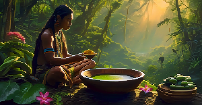 An Indigenous healer in a vibrant Amazon rainforest, preparing Ayahuasca in a wooden bowl, with lush greenery and soft morning light.