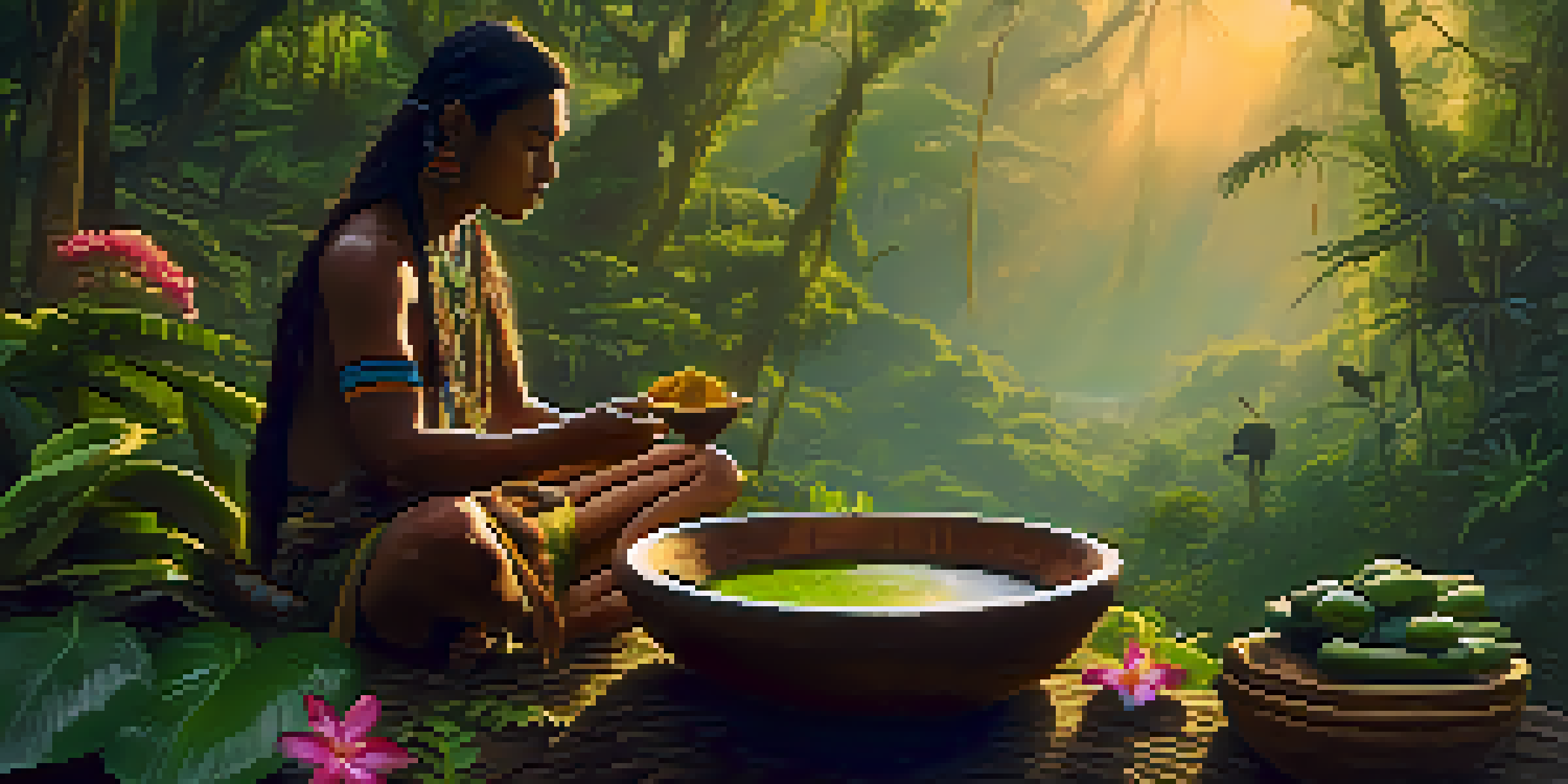 An Indigenous healer in a vibrant Amazon rainforest, preparing Ayahuasca in a wooden bowl, with lush greenery and soft morning light.