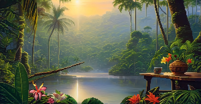 A peaceful Amazonian landscape with lush greenery, mist, and a traditional Ayahuasca brew on a wooden table surrounded by colorful flowers.