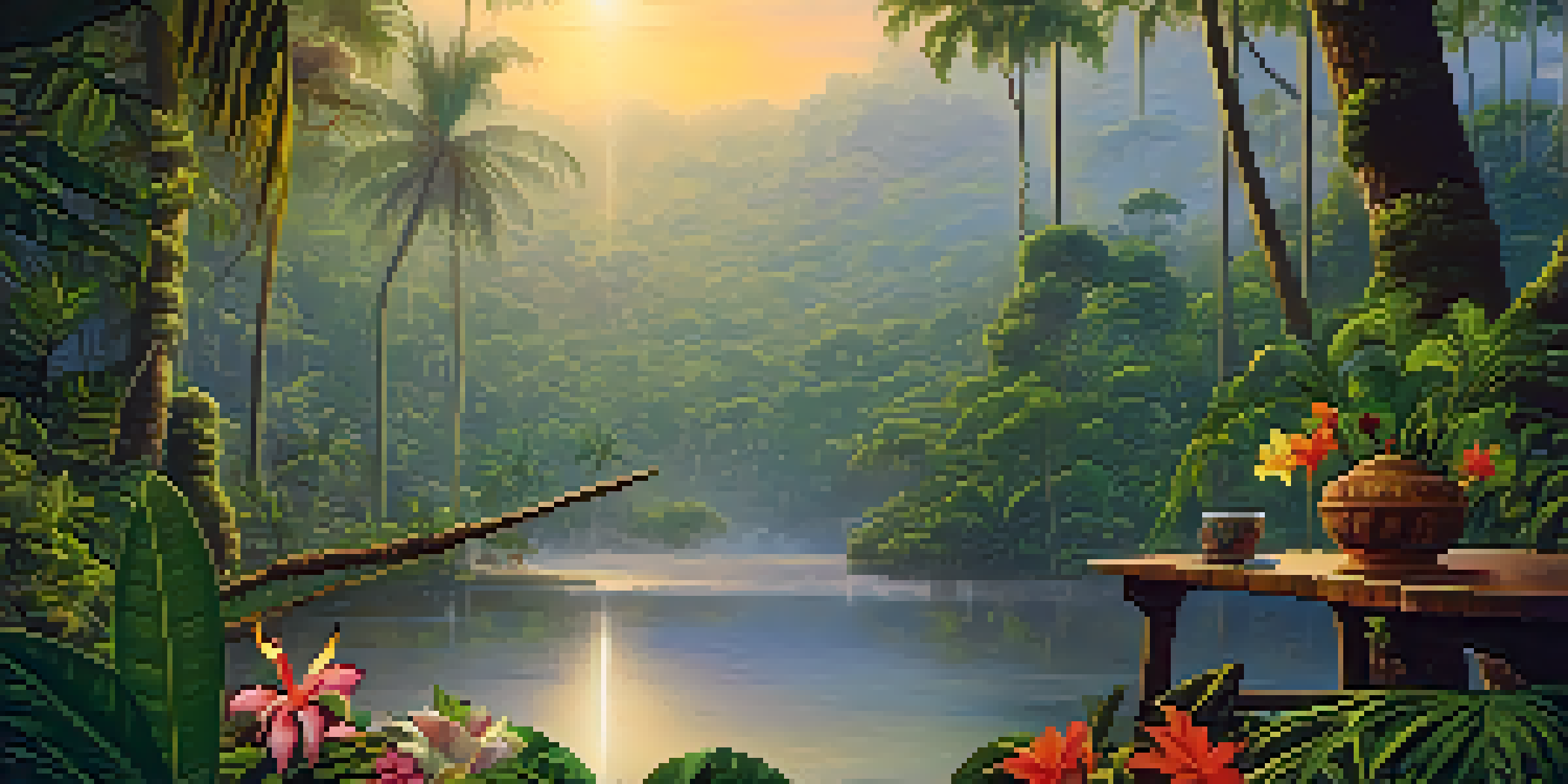 A peaceful Amazonian landscape with lush greenery, mist, and a traditional Ayahuasca brew on a wooden table surrounded by colorful flowers.
