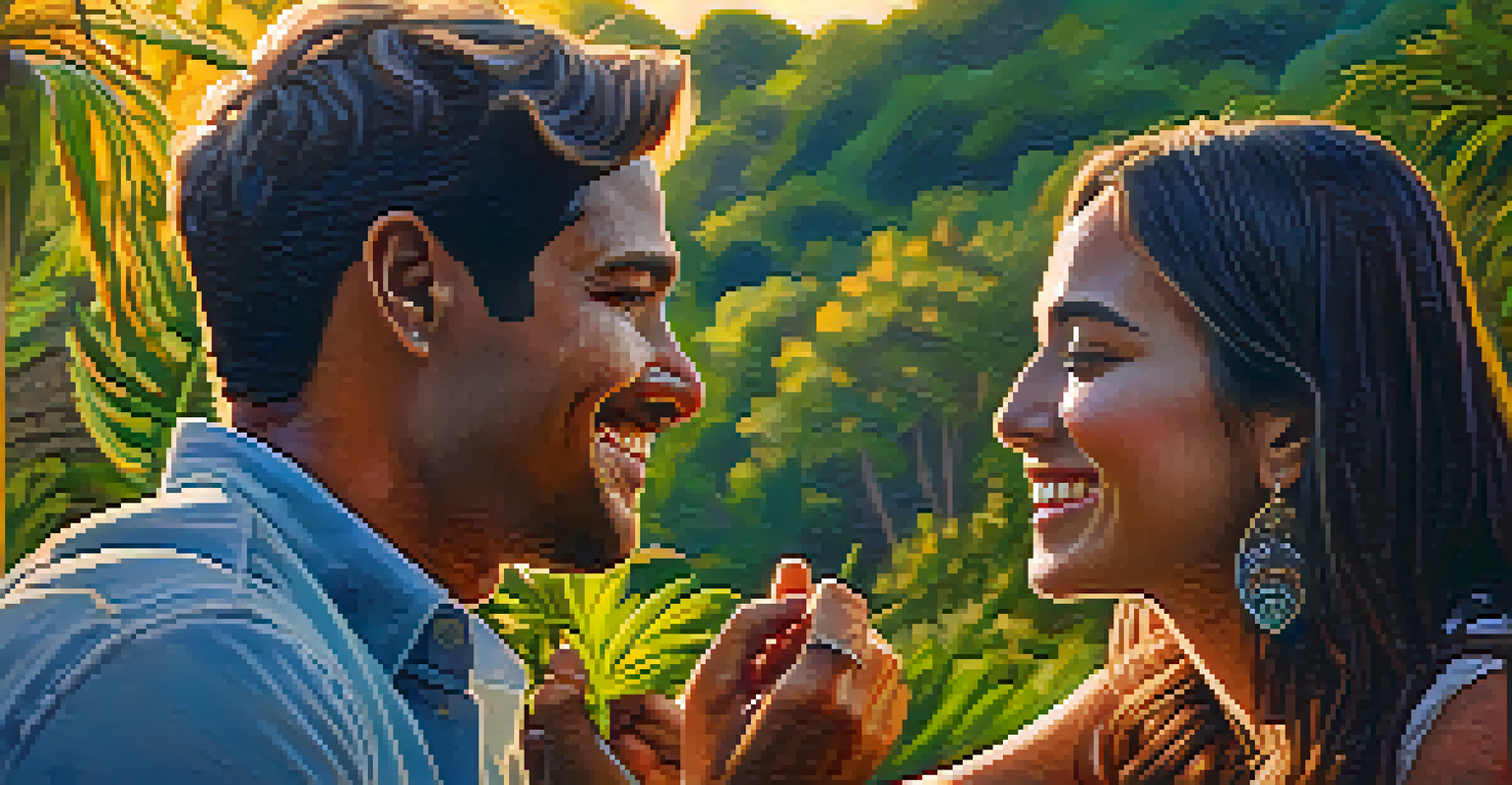 A couple having a deep conversation outdoors after an ayahuasca ceremony, smiling and leaning towards each other.