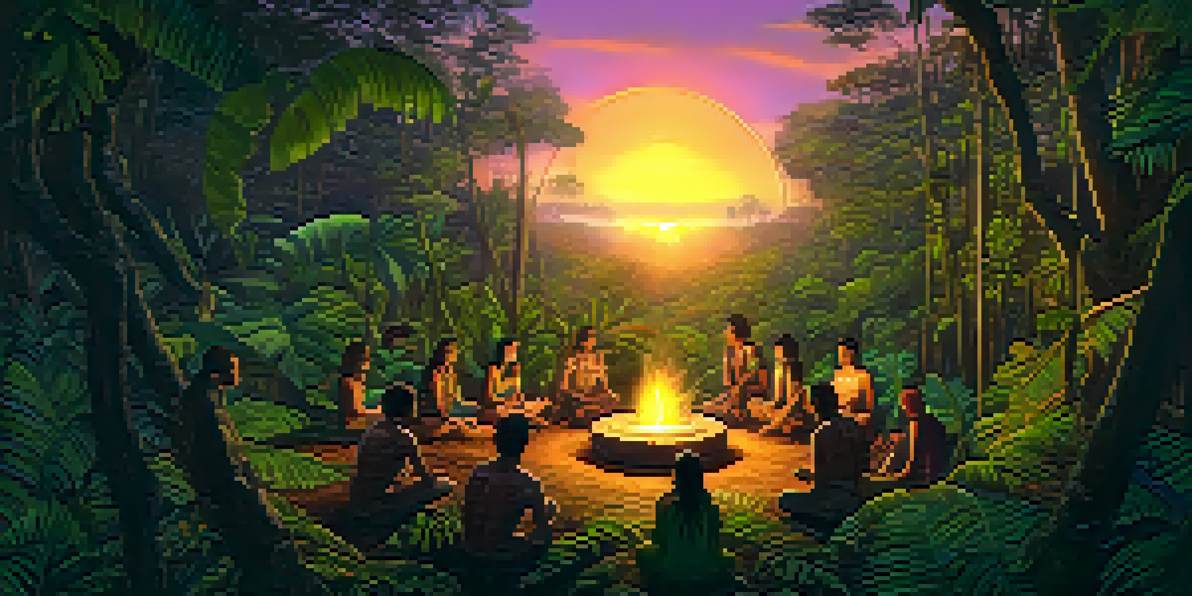 A group of people gathered around a fire in the Amazon rainforest, with animal spirits like a jaguar and an owl appearing in the foliage, set against a colorful sunset.