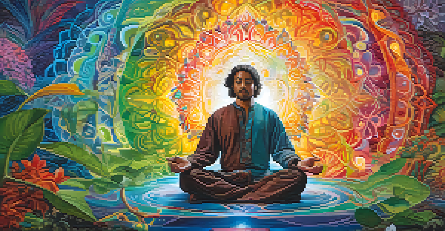 An artistic representation of self-discovery through Ayahuasca, with a meditating figure surrounded by vibrant colors and abstract nature elements.