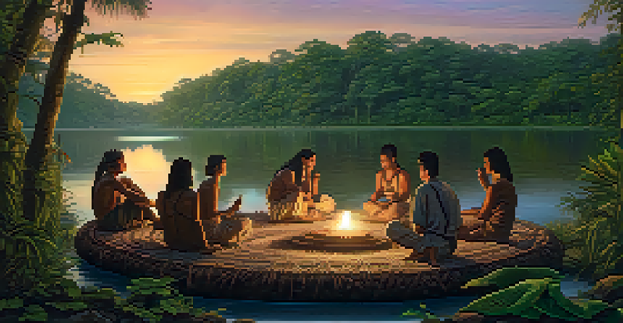 A peaceful gathering of diverse individuals in an Amazonian landscape, participating in an Ayahuasca ceremony at dusk, with warm light from a lantern illuminating their faces.