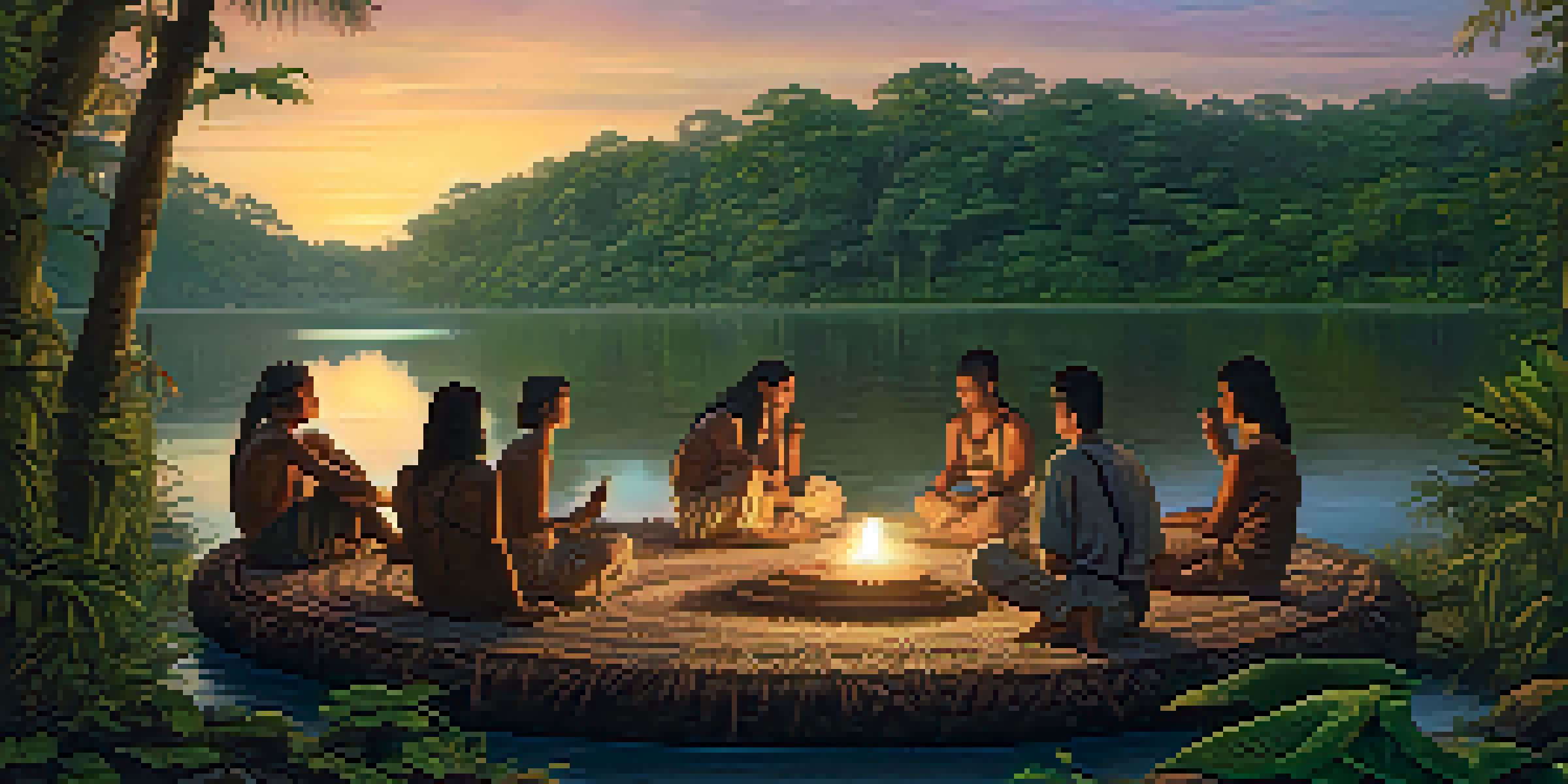 A peaceful gathering of diverse individuals in an Amazonian landscape, participating in an Ayahuasca ceremony at dusk, with warm light from a lantern illuminating their faces.