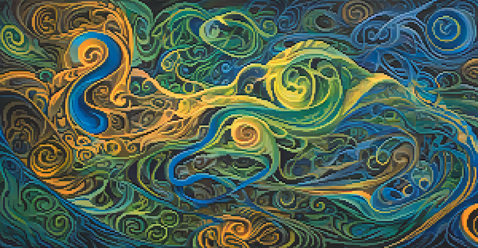 An abstract artwork showing swirling colors that represent interconnectedness and unity, with ethereal figures blending together.