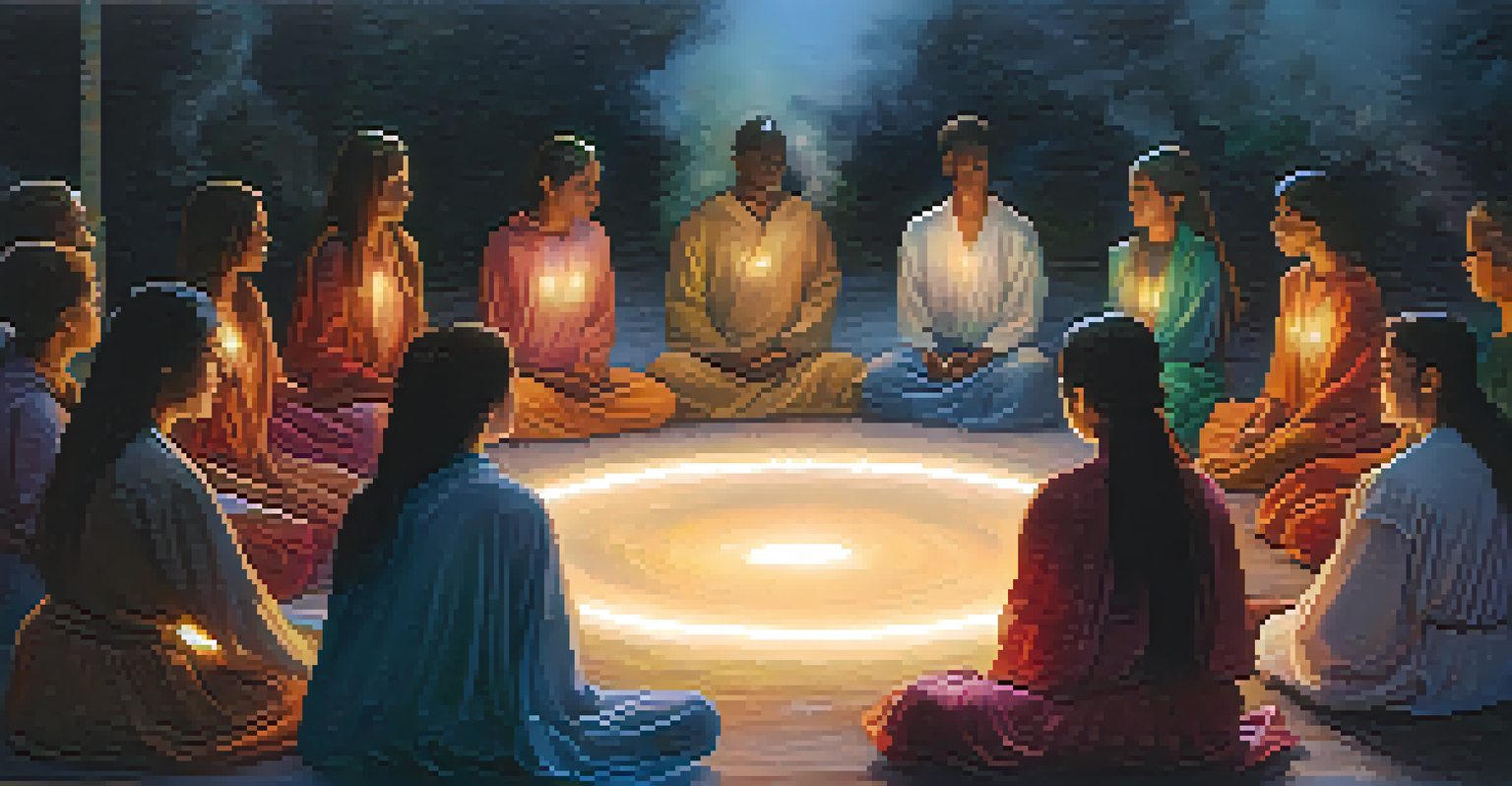 A group of people sitting in a circle during an Ayahuasca ceremony, surrounded by colorful lights and mist, looking focused and connected.