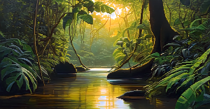 A peaceful Amazon rainforest at dusk, with green vines and colorful plants, and a river reflecting the sunset.