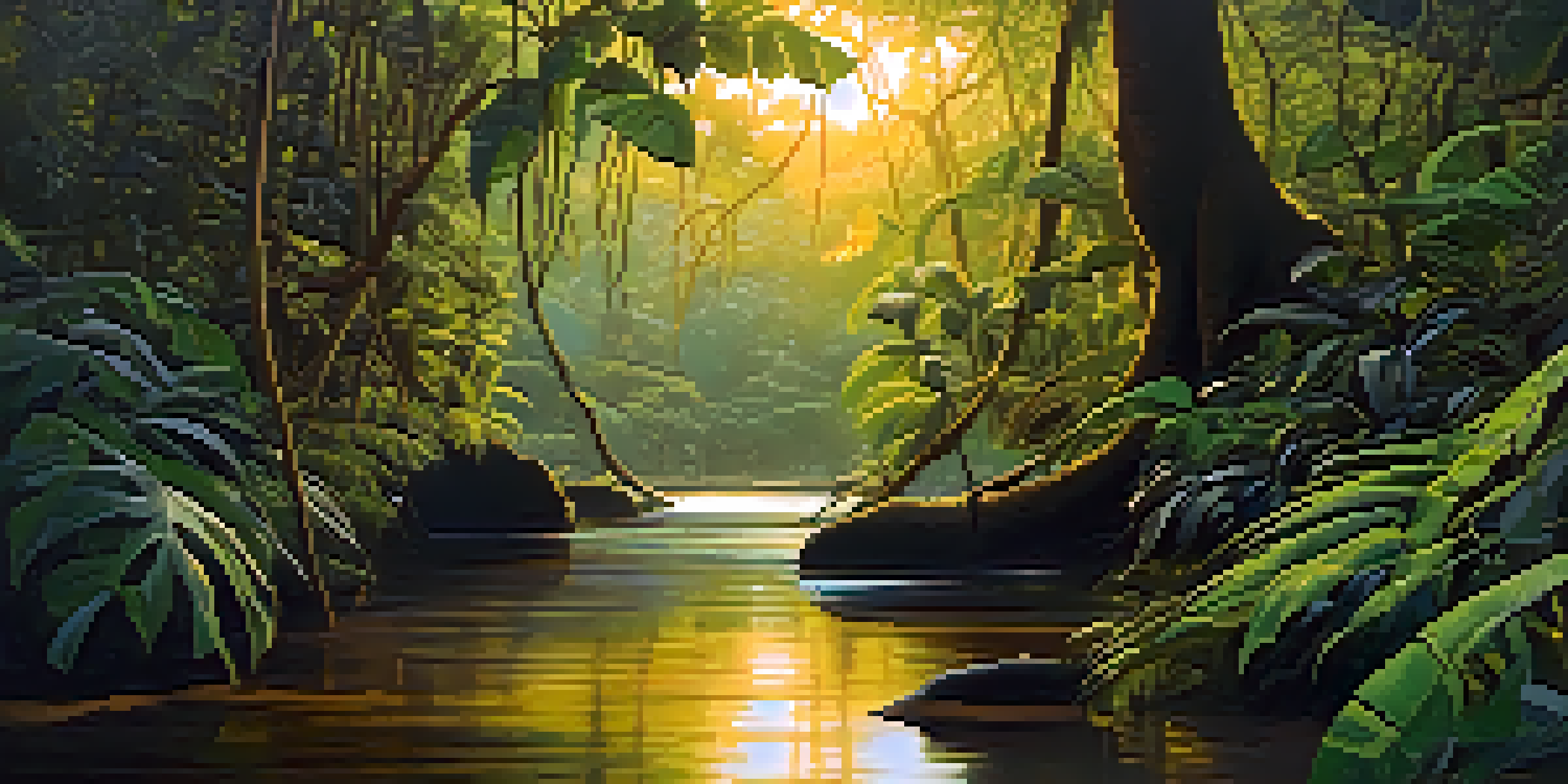 A peaceful Amazon rainforest at dusk, with green vines and colorful plants, and a river reflecting the sunset.