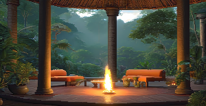 A peaceful Amazon rainforest setting with a traditional Ayahuasca ceremony, including cushions and an altar with candles.