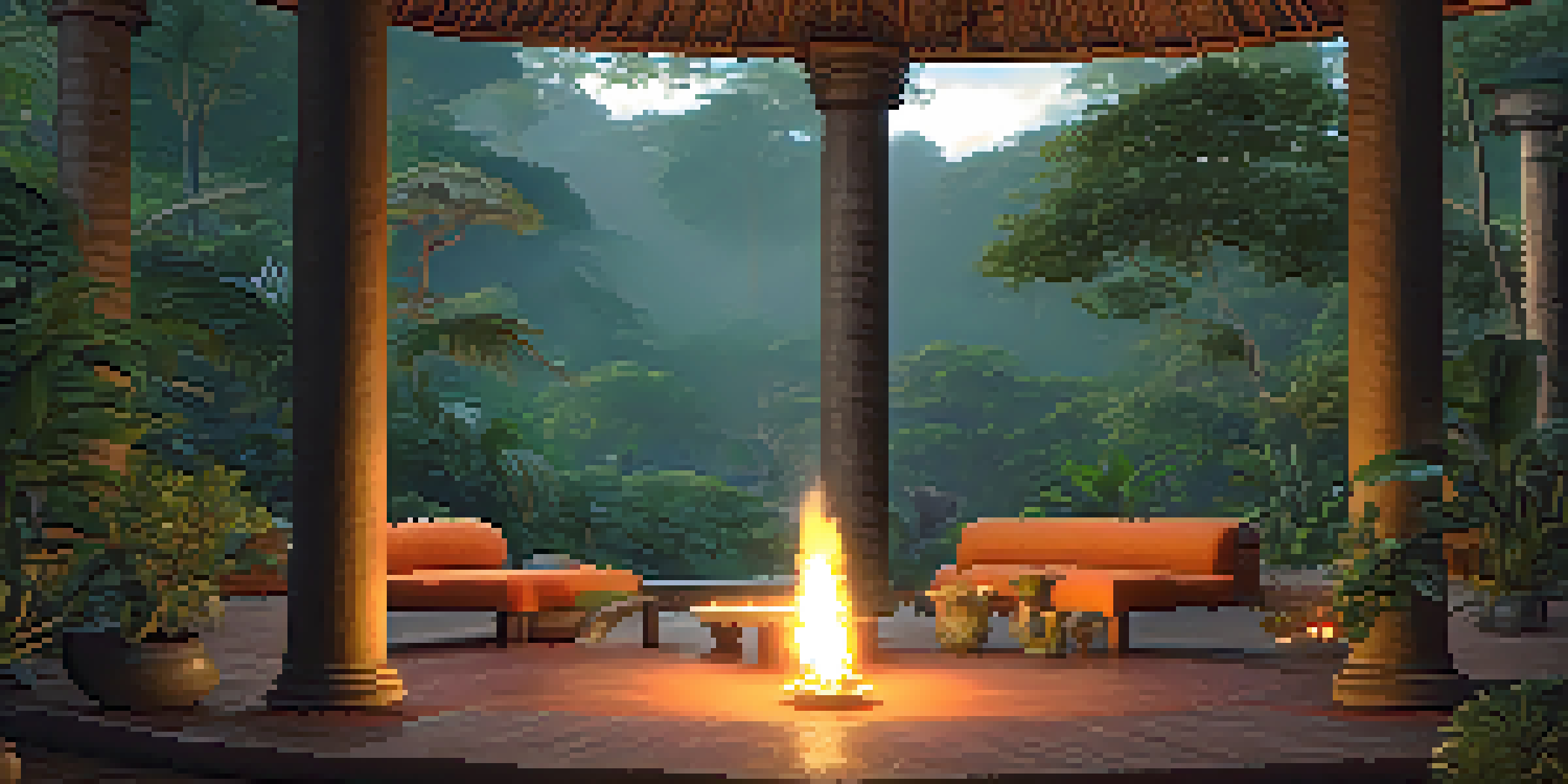 A peaceful Amazon rainforest setting with a traditional Ayahuasca ceremony, including cushions and an altar with candles.