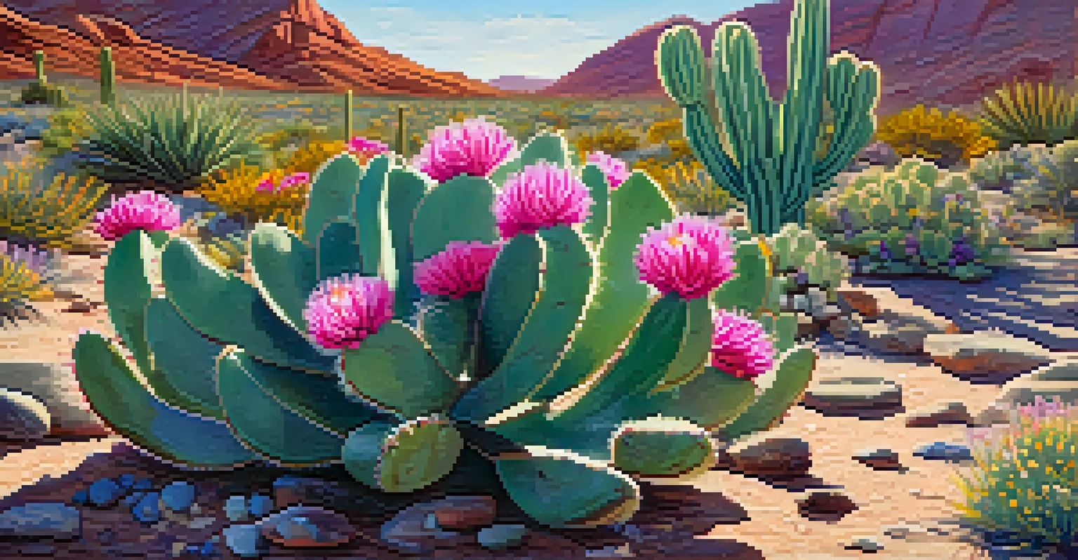 A close-up of a peyote cactus with flowers in a vibrant desert landscape.