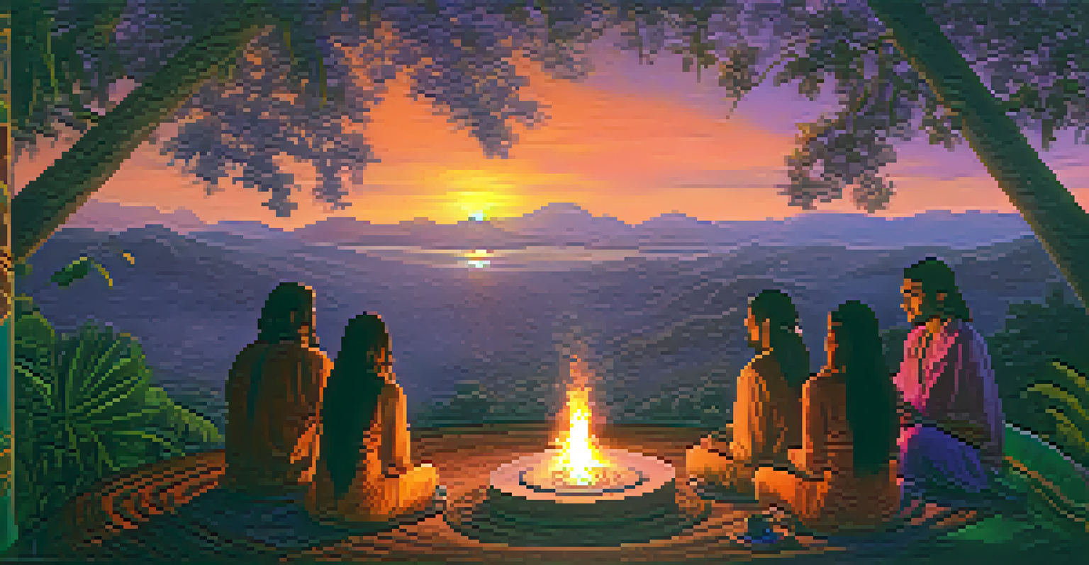 A tranquil Ayahuasca ceremony at sunset with participants around a fire, set against a colorful sky and lush jungle.