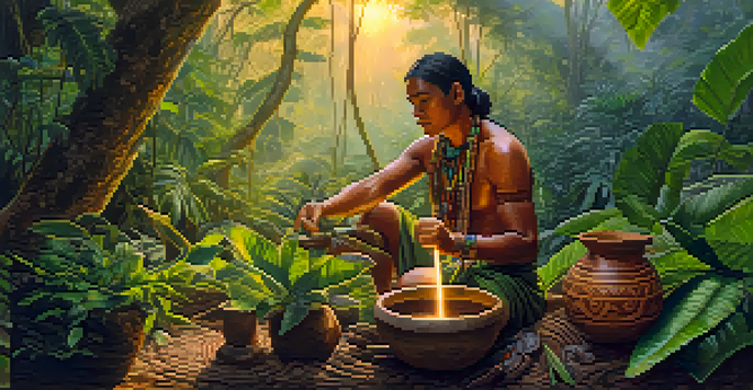 A tranquil Amazon rainforest with a sunrise, featuring an indigenous healer preparing Ayahuasca in a clay pot surrounded by lush greenery.