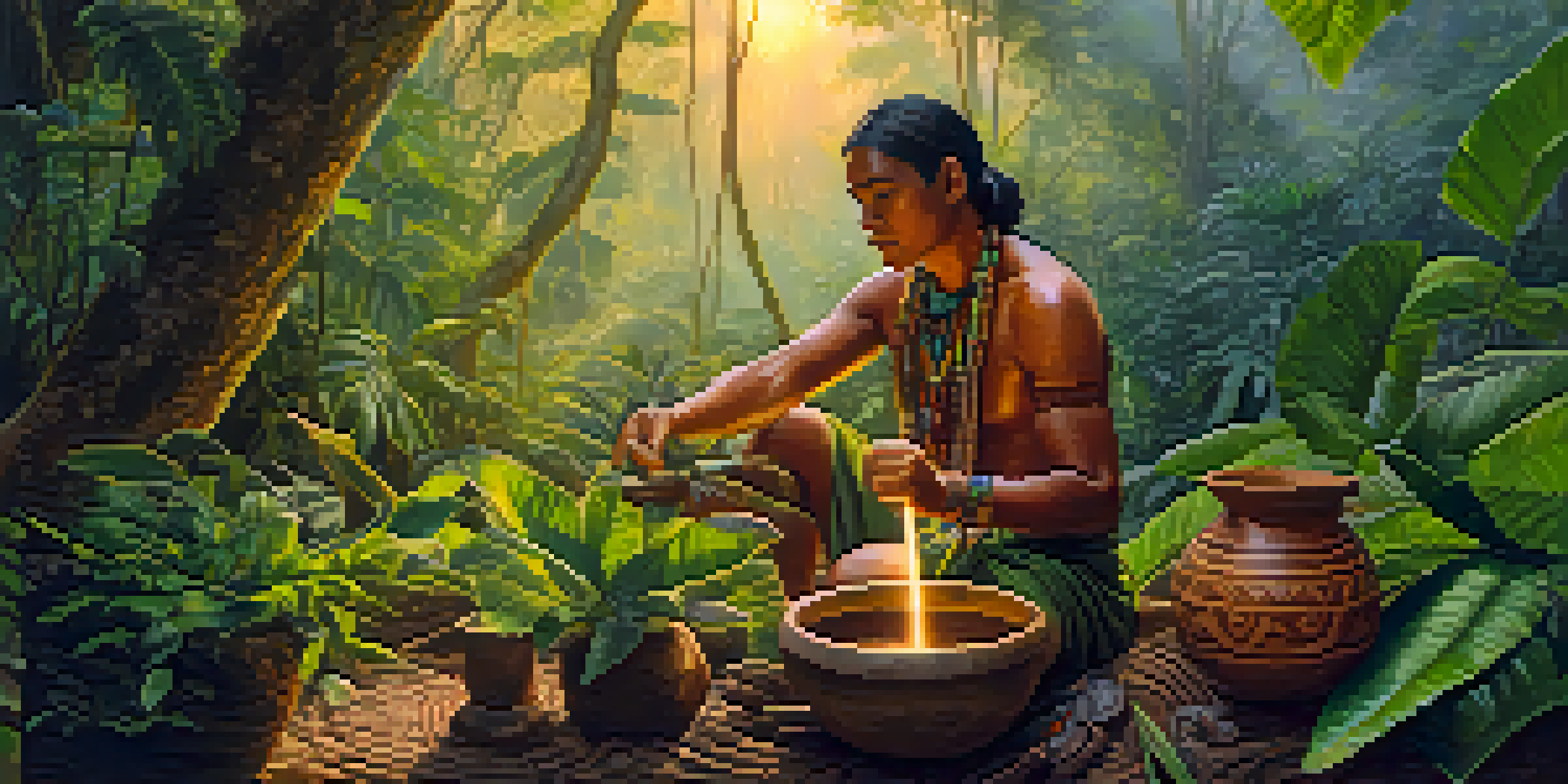 A tranquil Amazon rainforest with a sunrise, featuring an indigenous healer preparing Ayahuasca in a clay pot surrounded by lush greenery.