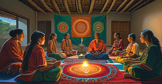 Participants in an Ayahuasca ceremony sitting in a circle, with a shaman playing an instrument in a softly lit room decorated with colorful tapestries.