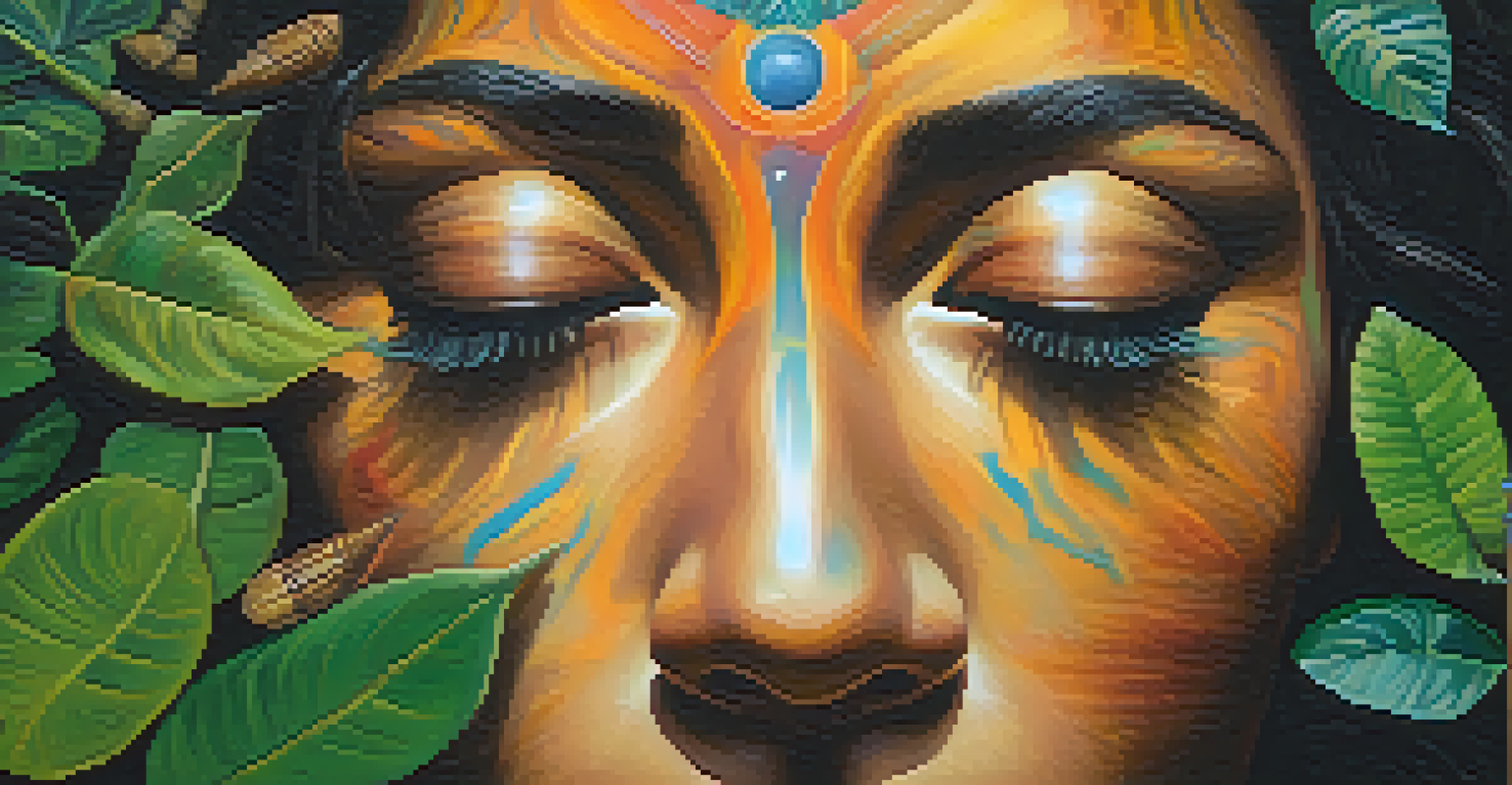 A close-up of a person with a serene expression during an ayahuasca experience, with soft lighting and vivid colors surrounding them, representing a connection with nature.