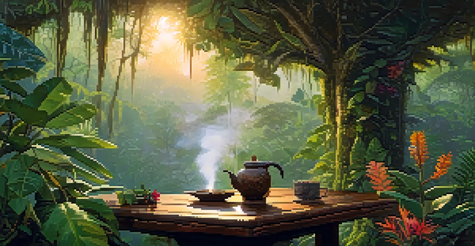 A peaceful Amazon rainforest at dawn with mist and sunlight, featuring a traditional Ayahuasca brew on a wooden table surrounded by plants and flowers.