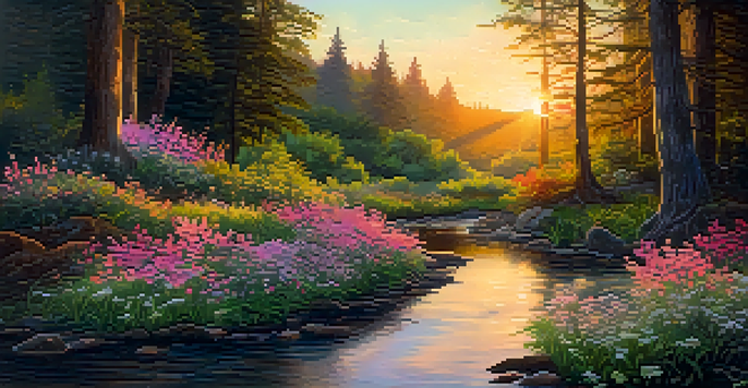 A peaceful sunset scene over a forest, with colorful flowers and a gently flowing stream.