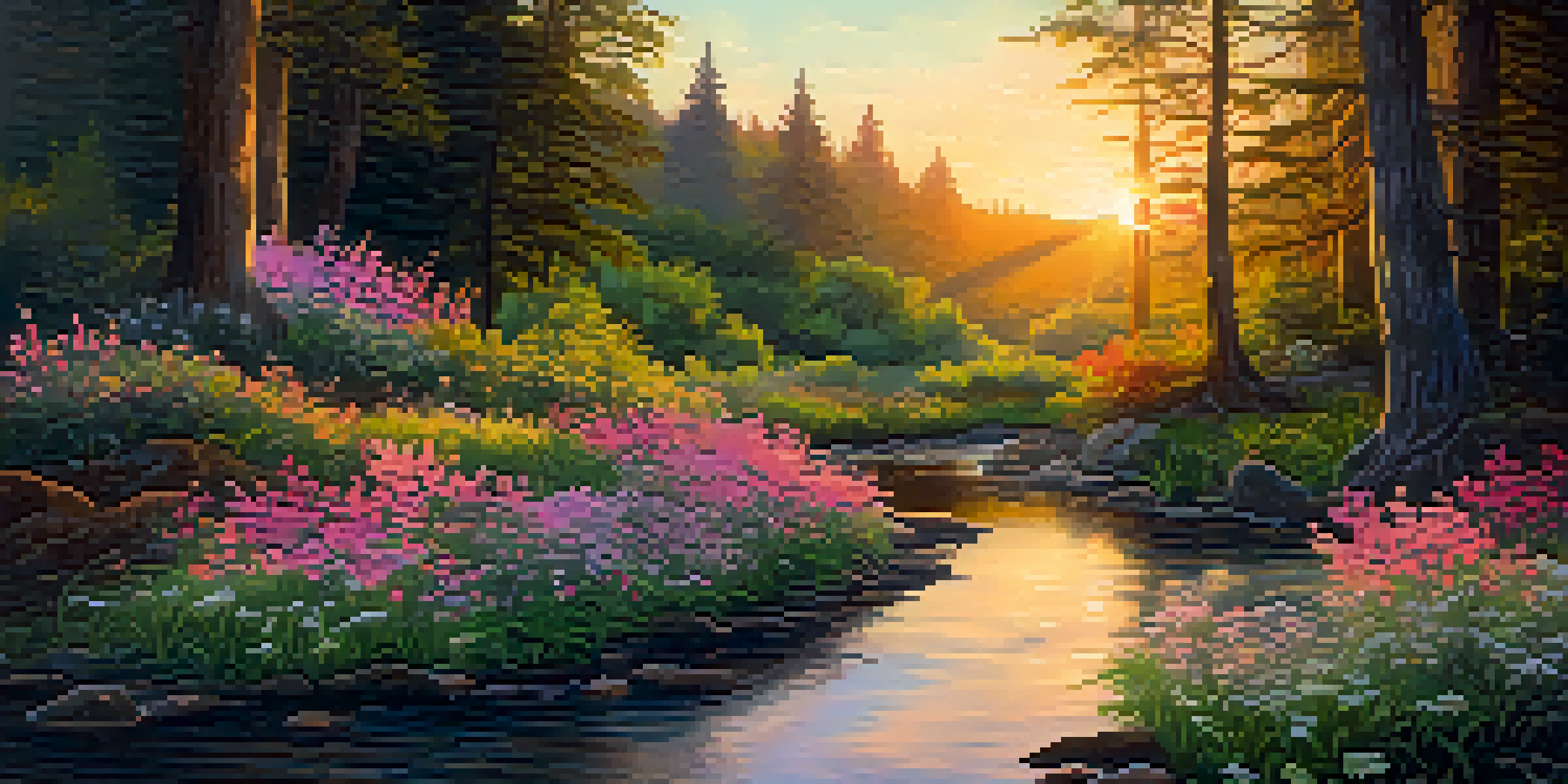 A peaceful sunset scene over a forest, with colorful flowers and a gently flowing stream.