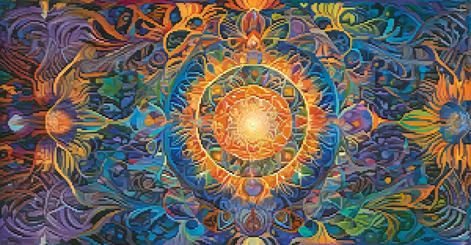 An abstract representation of the spiritual journey during an ayahuasca ceremony, featuring vibrant colors and swirling shapes symbolizing visions and insights.