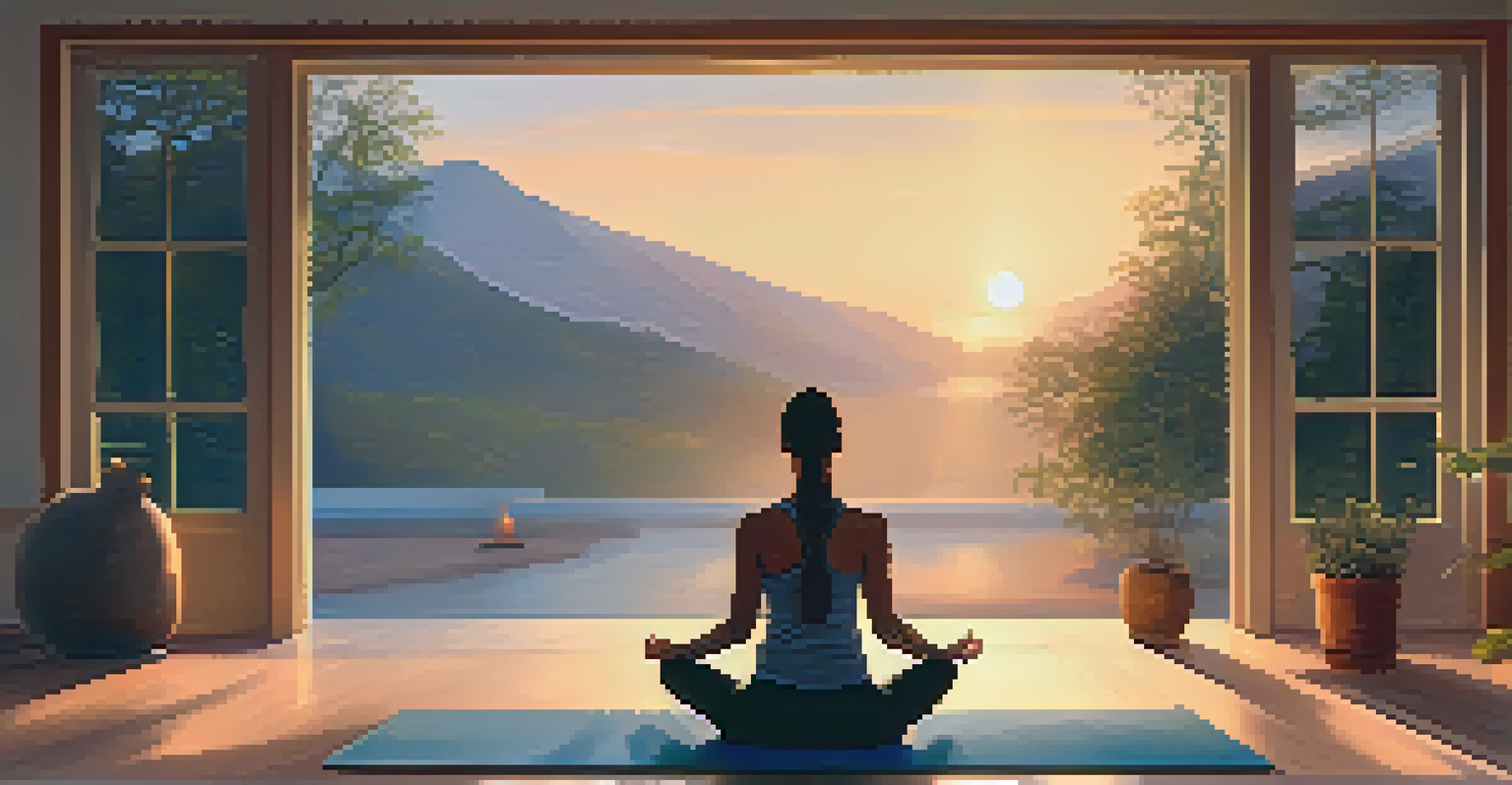 A cozy indoor space with a person practicing breathwork on a yoga mat, surrounded by candles and soft colors.