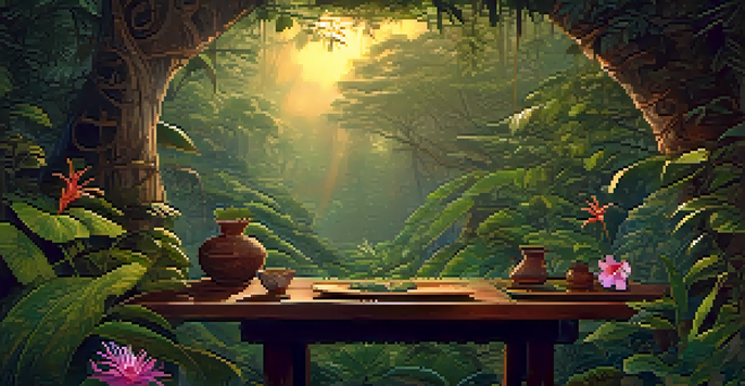An Amazon rainforest at dusk with lush greenery, a clay cup of Ayahuasca brew on a wooden table, and soft golden light filtering through the trees.