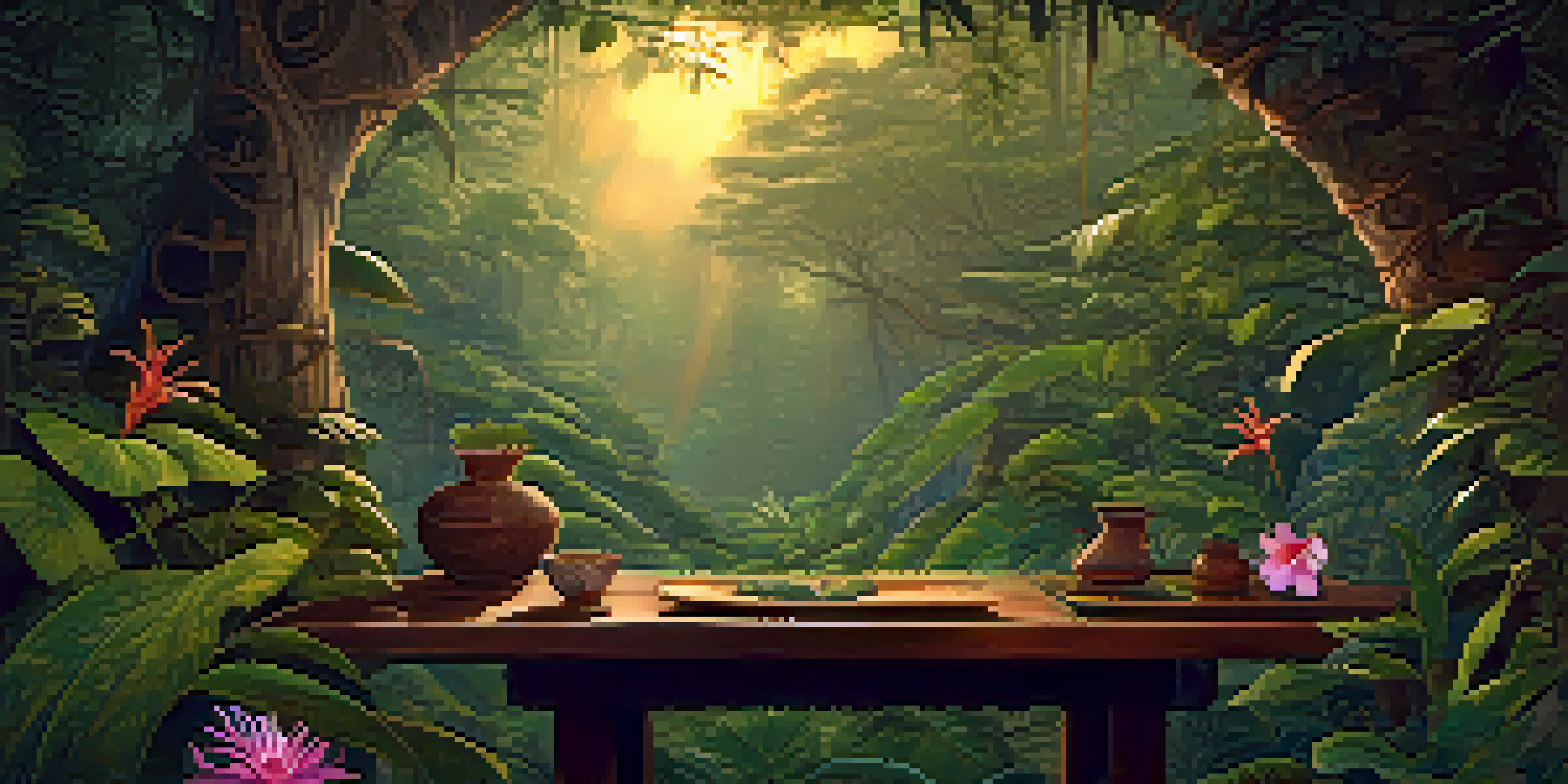 An Amazon rainforest at dusk with lush greenery, a clay cup of Ayahuasca brew on a wooden table, and soft golden light filtering through the trees.