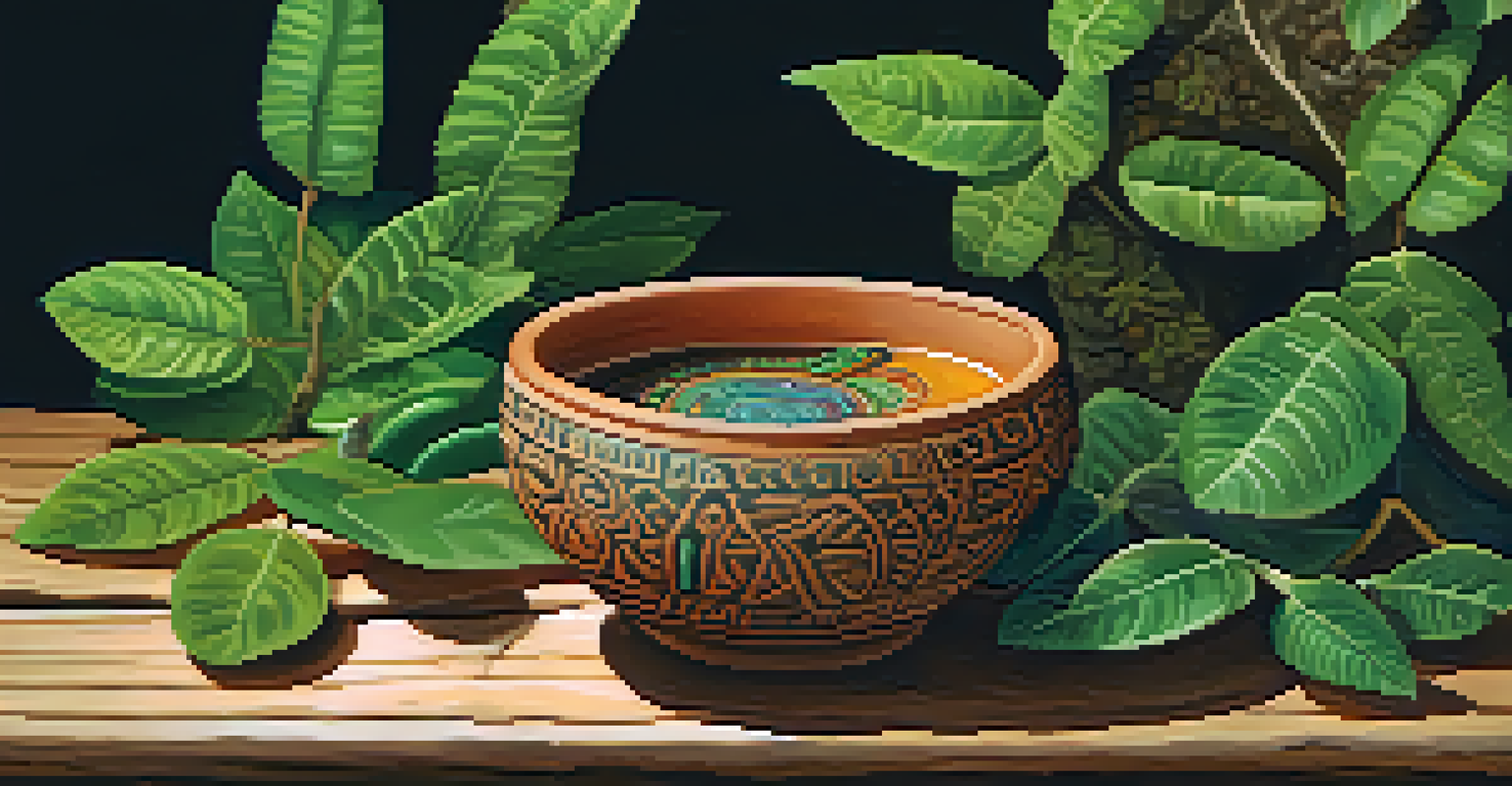 A close-up view of Ayahuasca brew in a clay cup, surrounded by natural elements like leaves and flowers.