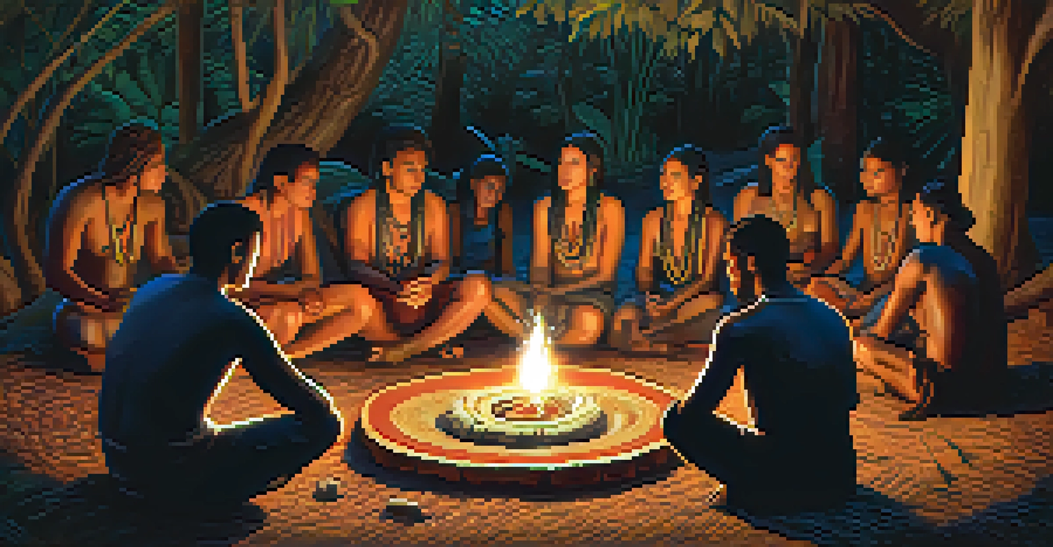 A group of people participating in an Ayahuasca ceremony in a natural setting, seated in a circle with candles, creating a warm and intimate atmosphere.