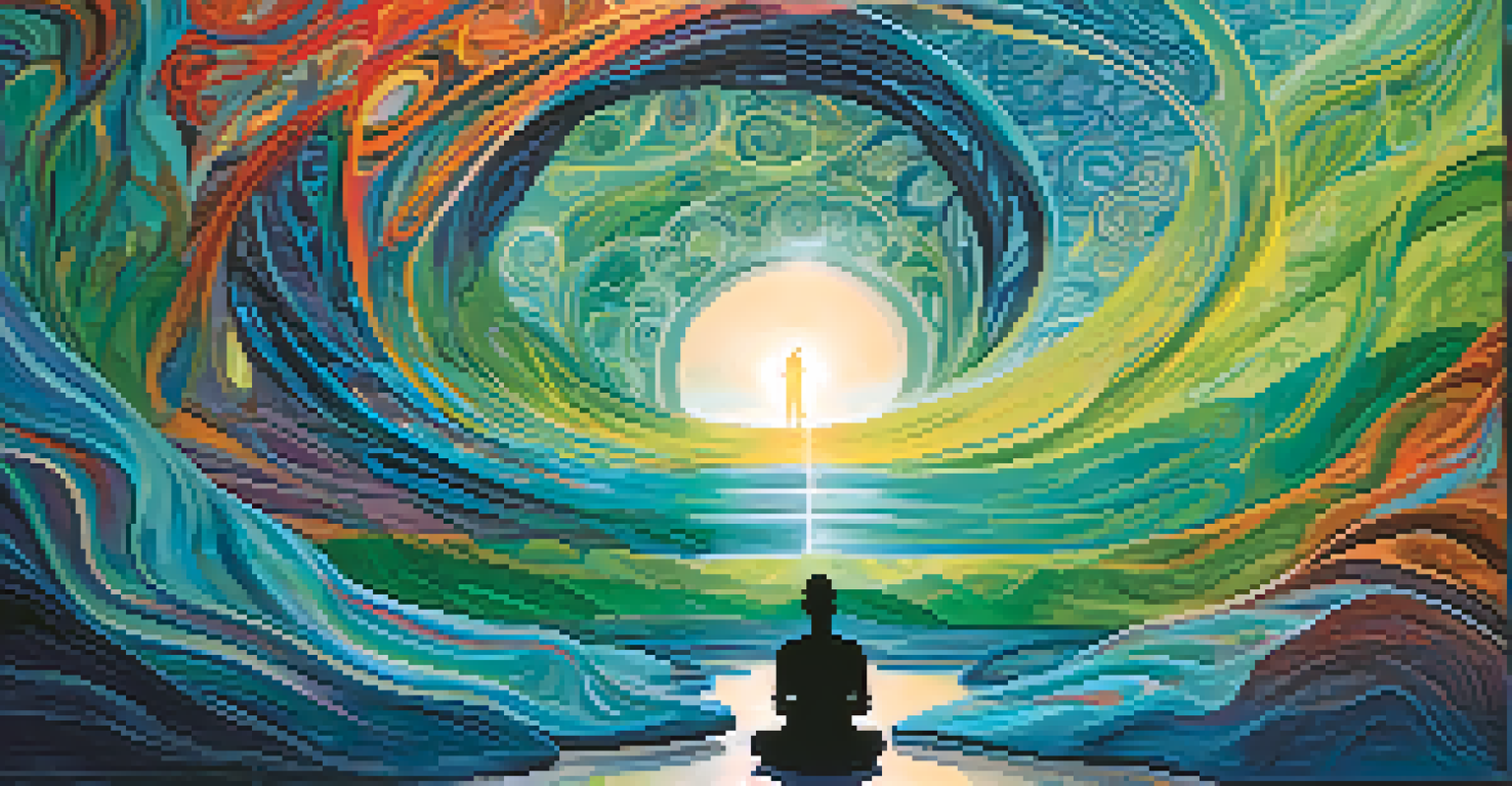 An abstract artistic depiction of a person's therapeutic journey with vibrant colors and shapes, centered around a silhouette meditating.