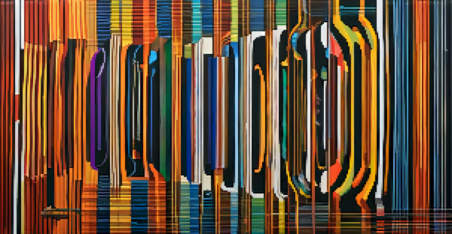 An abstract illustration of sound waves from traditional instruments with flowing colors representing emotional journeys.