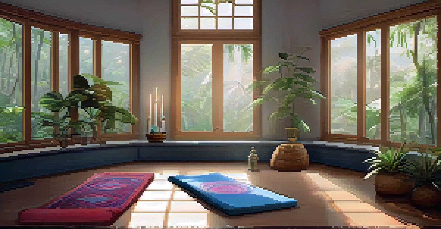 A peaceful meditation space overlooking the Amazon jungle, with yoga mats and cushions arranged, and sunlight streaming in.