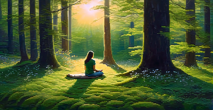 A person meditating in a tranquil forest clearing at dawn, with sunlight filtering through the trees and illuminating the ground covered in moss and wildflowers.