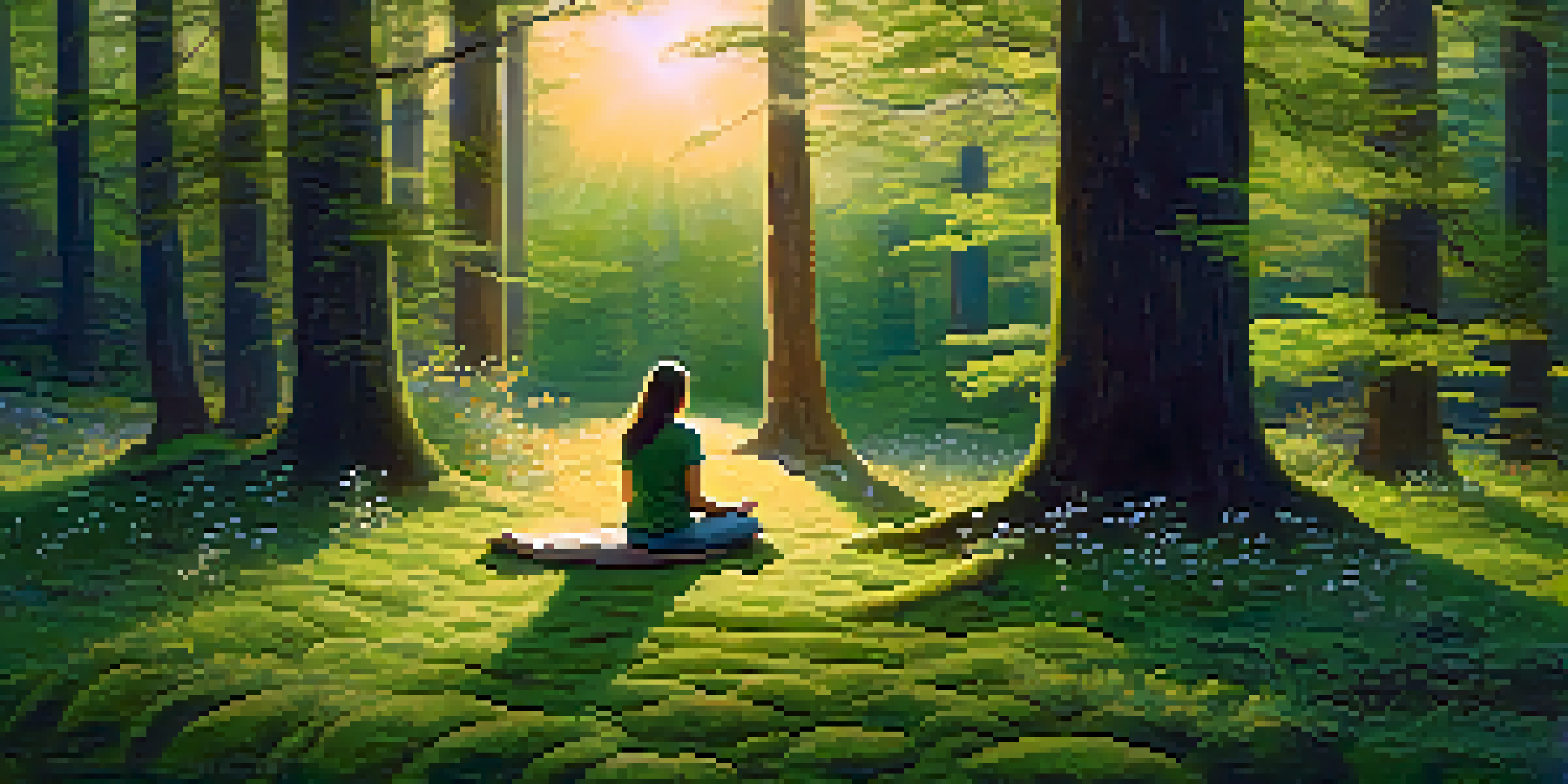 A person meditating in a tranquil forest clearing at dawn, with sunlight filtering through the trees and illuminating the ground covered in moss and wildflowers.