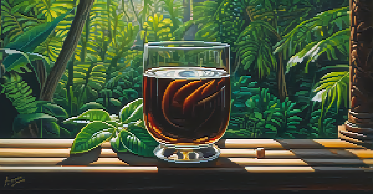 A close-up of a glass with deep brown ayahuasca brew against green foliage, with spiritual symbols blurred in the background.