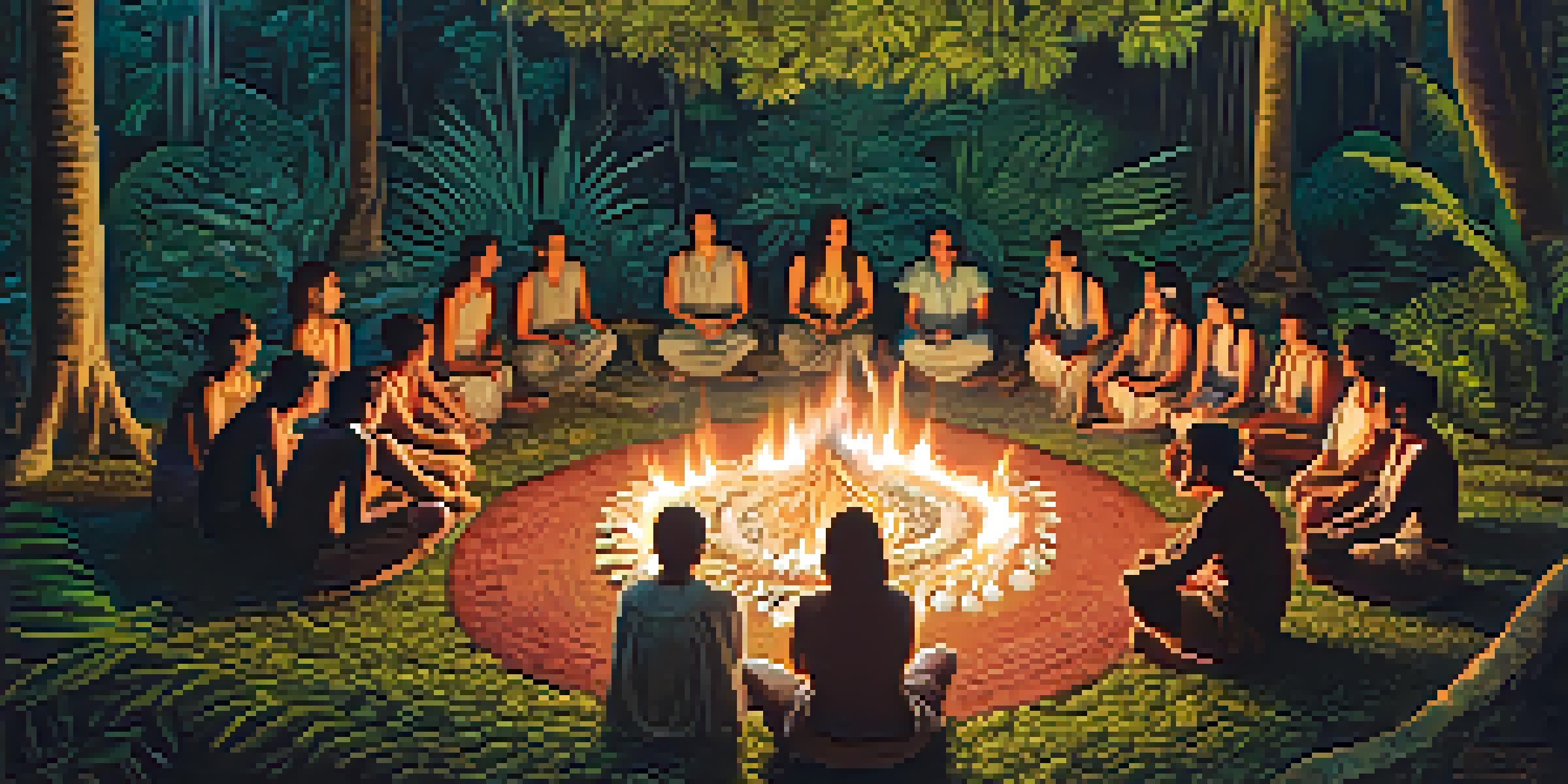 A peaceful ayahuasca ceremony in the Amazon rainforest, with participants gathered around a fire, surrounded by vibrant greenery and soft light.